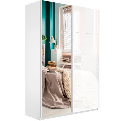 Прайм 2-х дверный (Зеркало, Белое стекло) (Белый снег 1200х2300х570 Прайм 2х Серебро профиль)