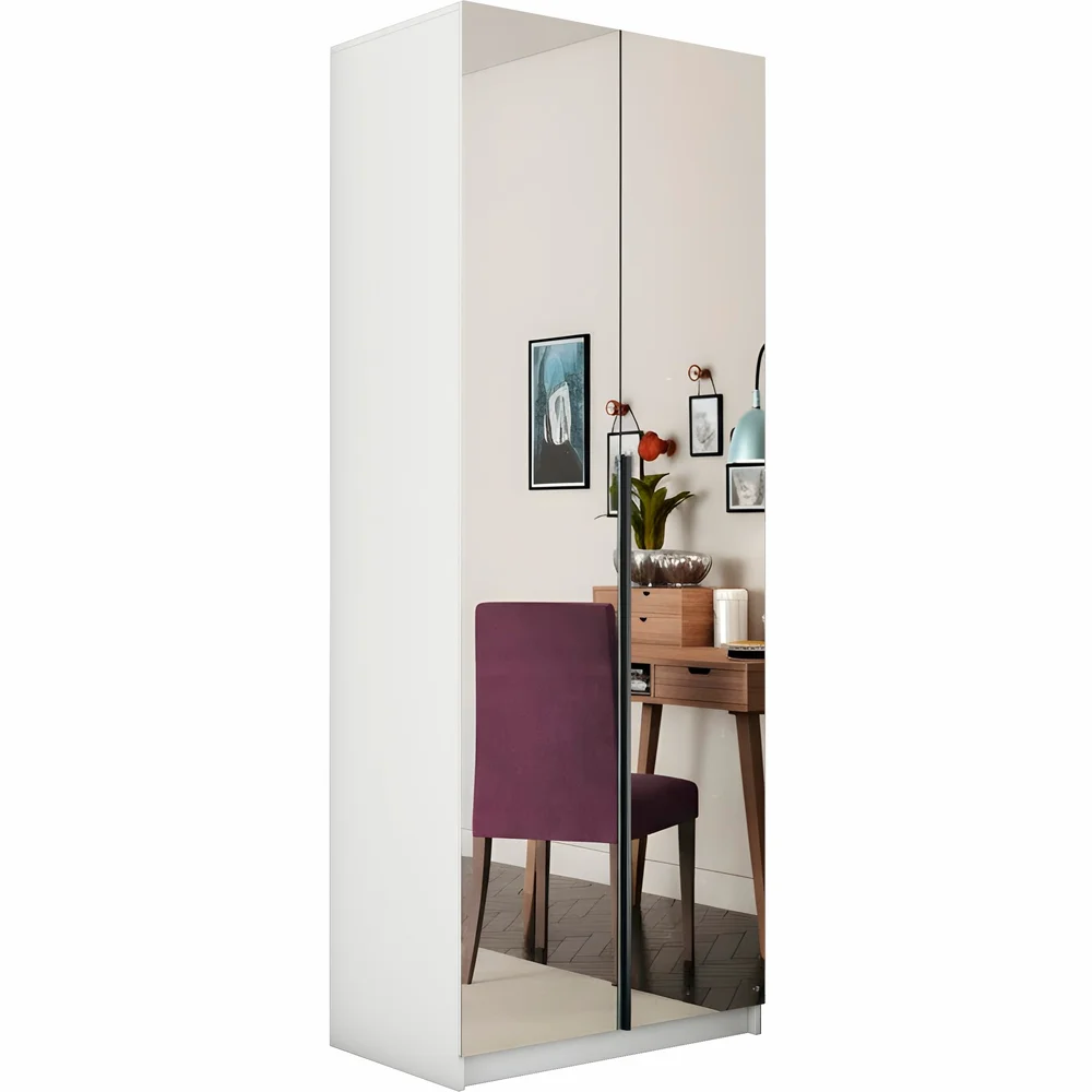 Локер 2-х дверный (Распашной с зеркалом) (Белый снег 808х2200х525 Локер (базовая компоновка) с ручкой Черный профиль)